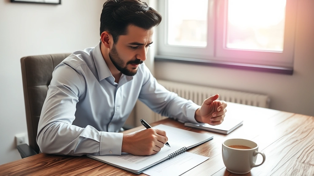 Professional adult sitting at wooden desk with notebook and pen, planning skill development pathway, morning light through window, focused expression, coffee cup nearby