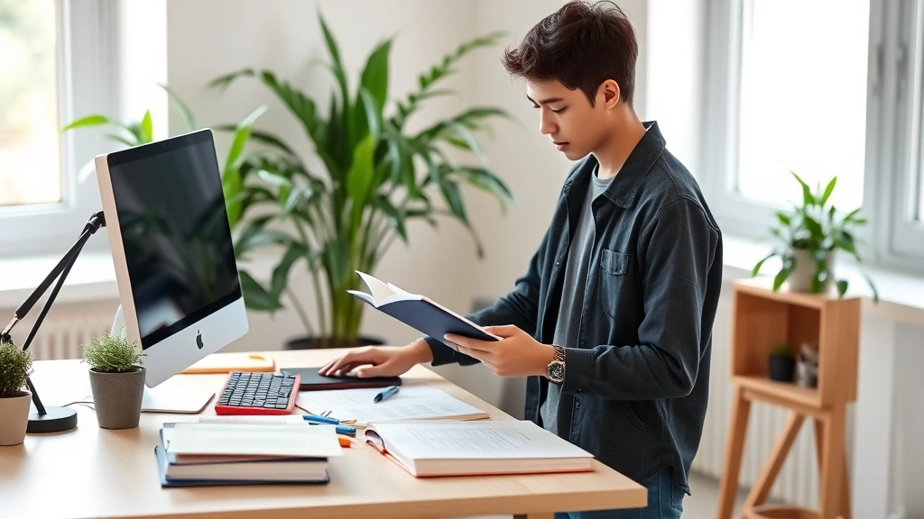 Young professional practicing at standing desk with multiple learning materials, engaged concentration, modern workspace with plants, natural lighting highlighting growth