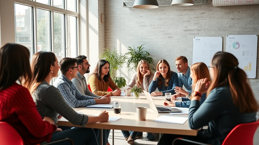 Diverse group in collaborative workspace engaged in discussion, natural light, learning and teamwork energy, no visible charts or boards