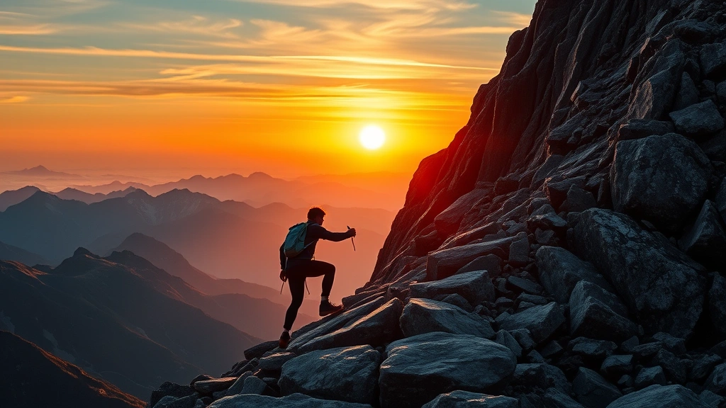 Individual climbing a mountain path with determination, overcoming obstacles, sunrise in background, representing progress and perseverance