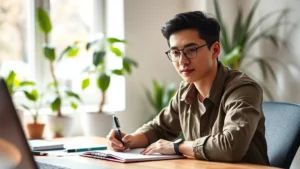 Person sitting at desk with notebook and pen, focused expression, warm natural lighting, plants in background, growth mindset visual