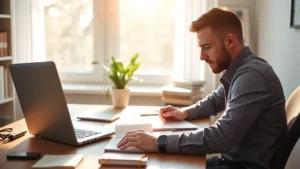 Professional adult focused intently on task at desk with notebook and laptop, morning light streaming through window, concentrated learning expression