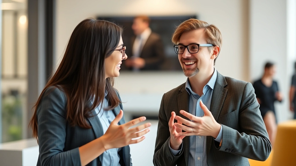 Two people in conversation, one explaining something with hand gestures, mentor-mentee dynamic, professional casual setting, positive interaction