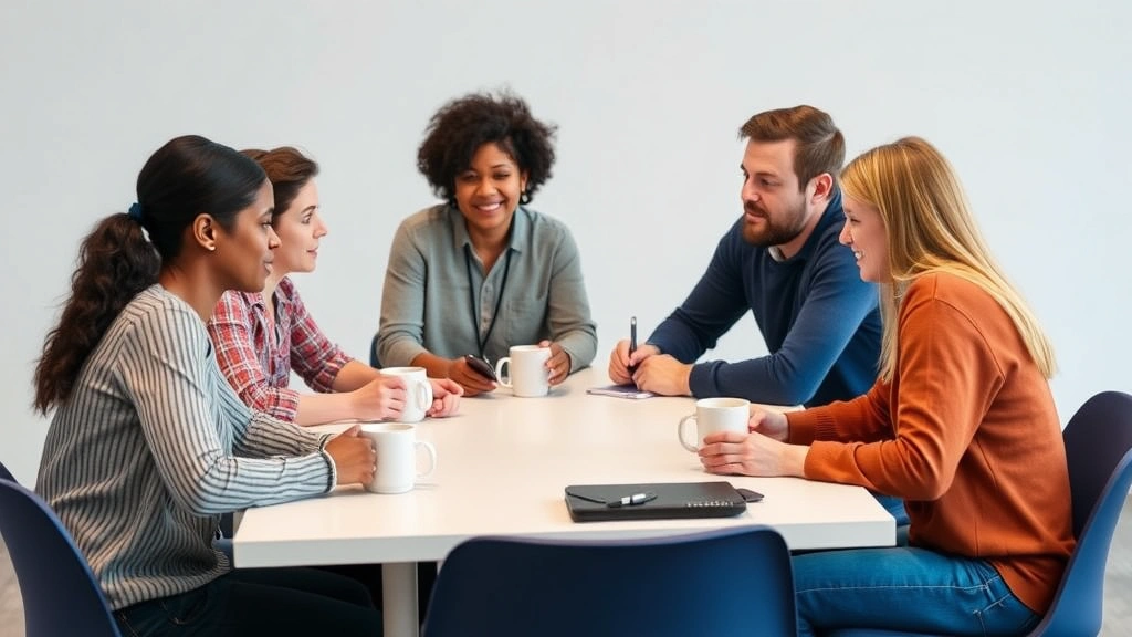 Diverse study group collaborating around table with coffee cups, engaged discussion, natural mentoring moment between group members