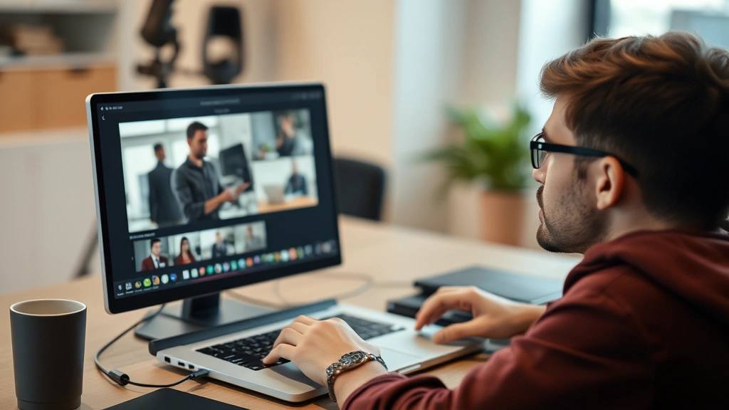 Person reviewing video footage on laptop screen, analyzing performance, thoughtful expression, modern workspace, self-assessment in progress