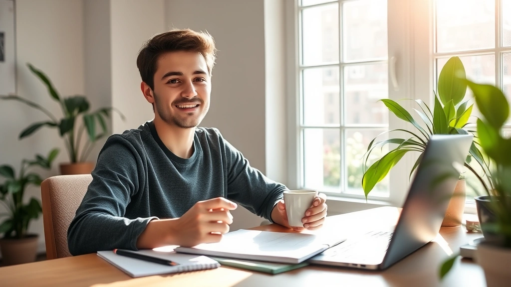 Young professional sitting at a desk with laptop and notebook, morning sunlight streaming in, holding a cup of coffee, focused expression, natural indoor workspace, plants visible, calm and ready to learn