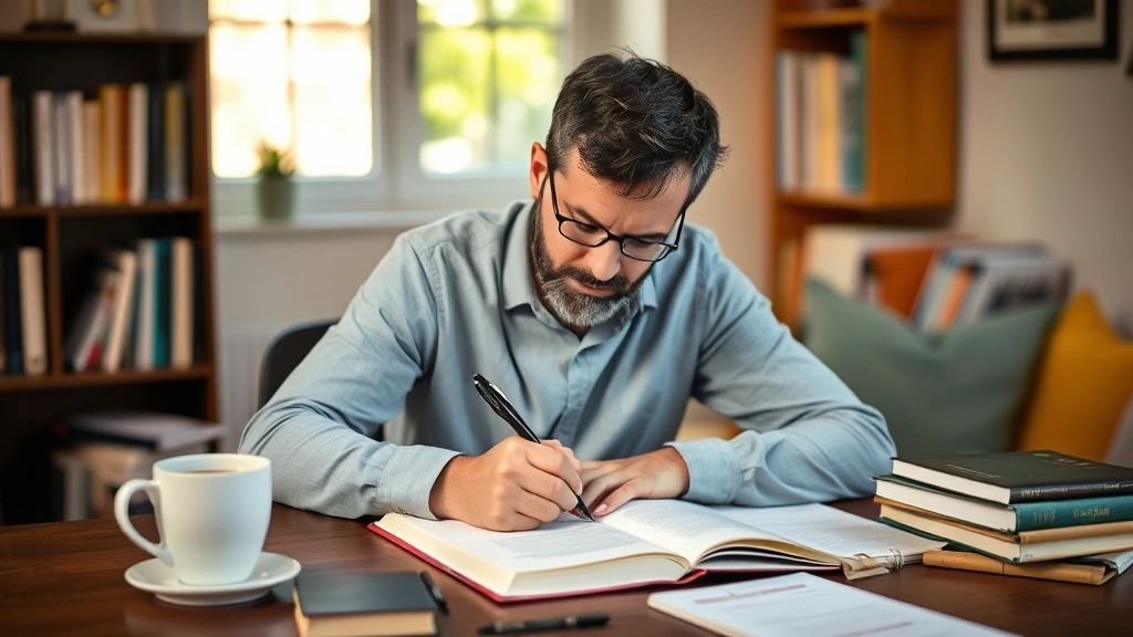 Adult learner writing in a notebook at a table, warm natural lighting, coffee cup nearby, genuine concentration on face, comfortable home setting, books and learning materials around, moment of focused practice
