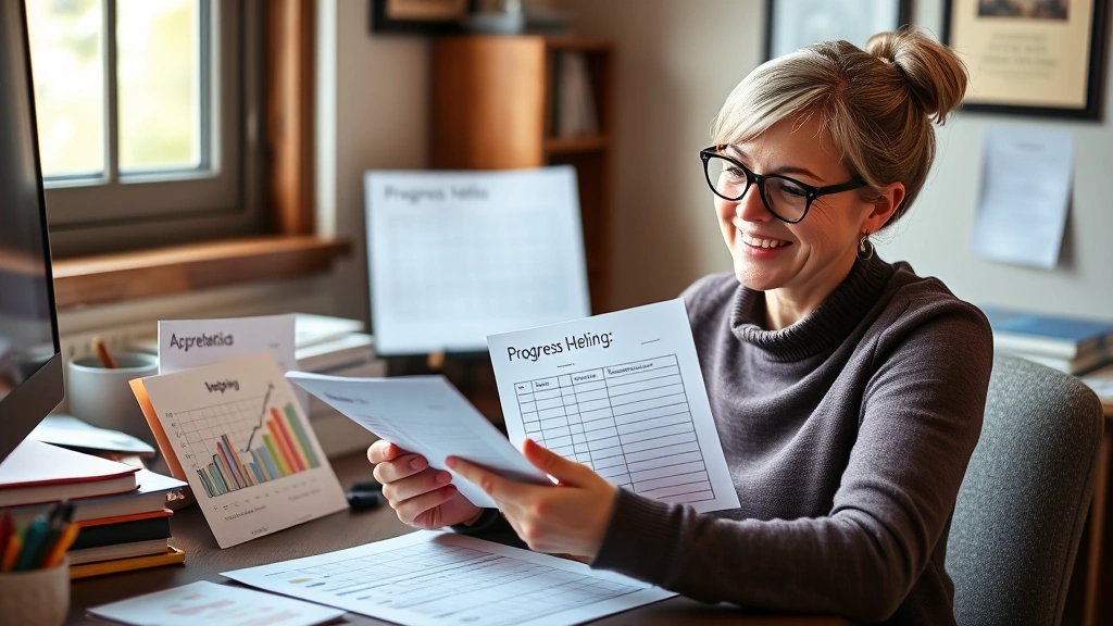 Person reviewing handwritten notes and progress charts at a desk, smiling with satisfaction, natural window light, cozy workspace, papers spread out showing growth and achievement, genuine pride in accomplishment