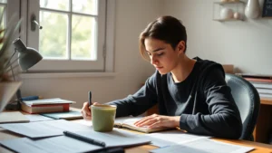 Person focused at desk with notebook and coffee, natural window light, learning materials spread out, peaceful concentration