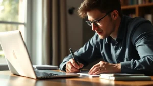 Person focused intently at desk with laptop, taking handwritten notes, morning light, genuine concentration expression, professional casual setting
