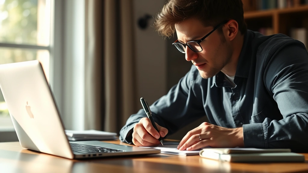 Person focused intently at desk with laptop, taking handwritten notes, morning light, genuine concentration expression, professional casual setting