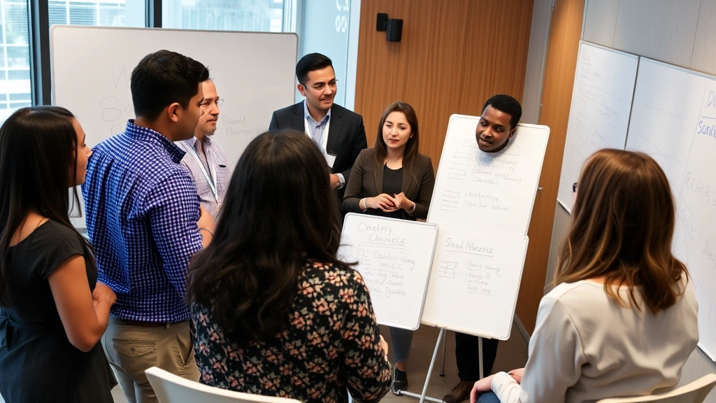 Diverse group in collaborative learning session, discussing ideas with whiteboards, engaged body language, professional setting
