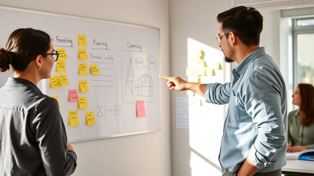 Someone reviewing work on wall with sticky notes and sketches, pointing at progress, collaborative learning space, natural sunlight through windows