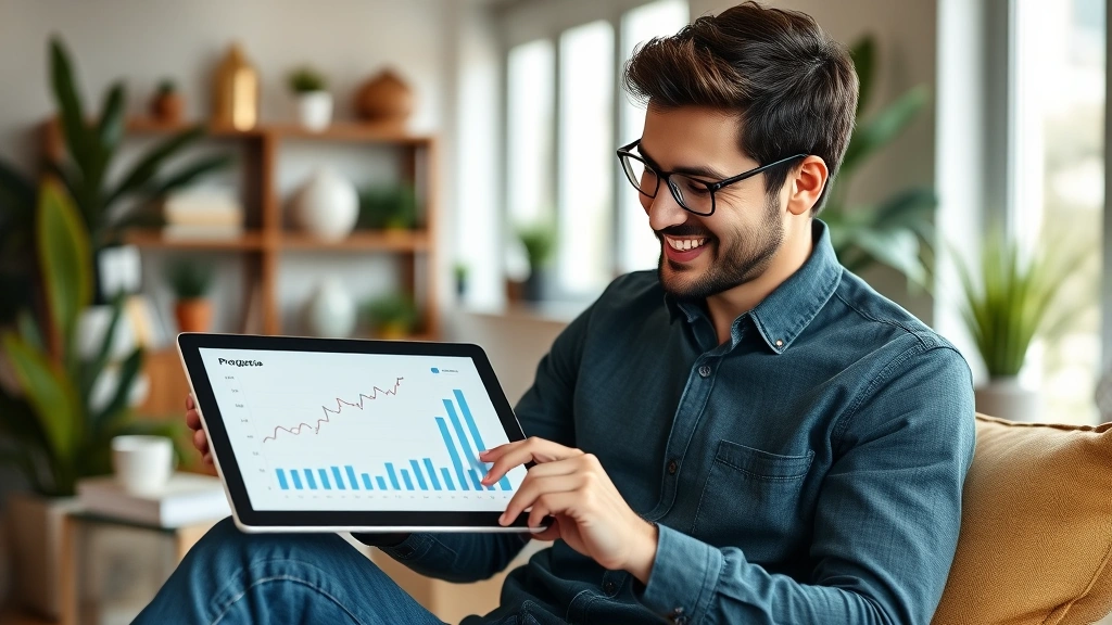 Individual reviewing progress chart on tablet, smiling with sense of accomplishment, modern home office, growth visualization