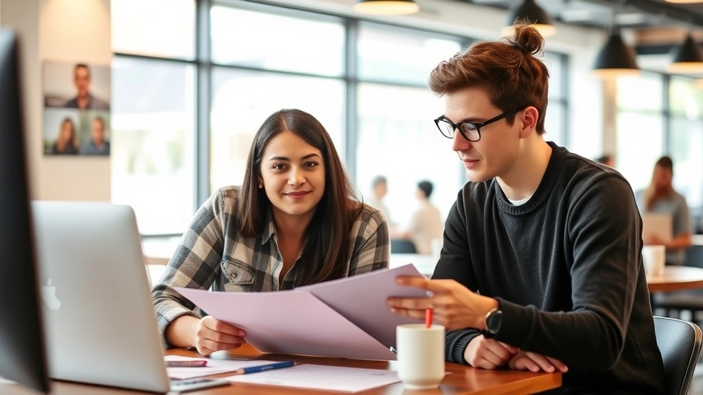 Adult mentoring younger person, both looking at project together, encouraging moment, coffee shop or casual office setting, genuine interaction