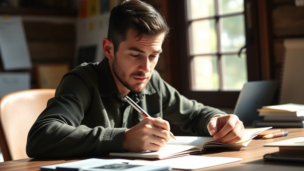 Person focused at desk practicing a skill with notebook and pen, natural lighting, determined expression, learning environment