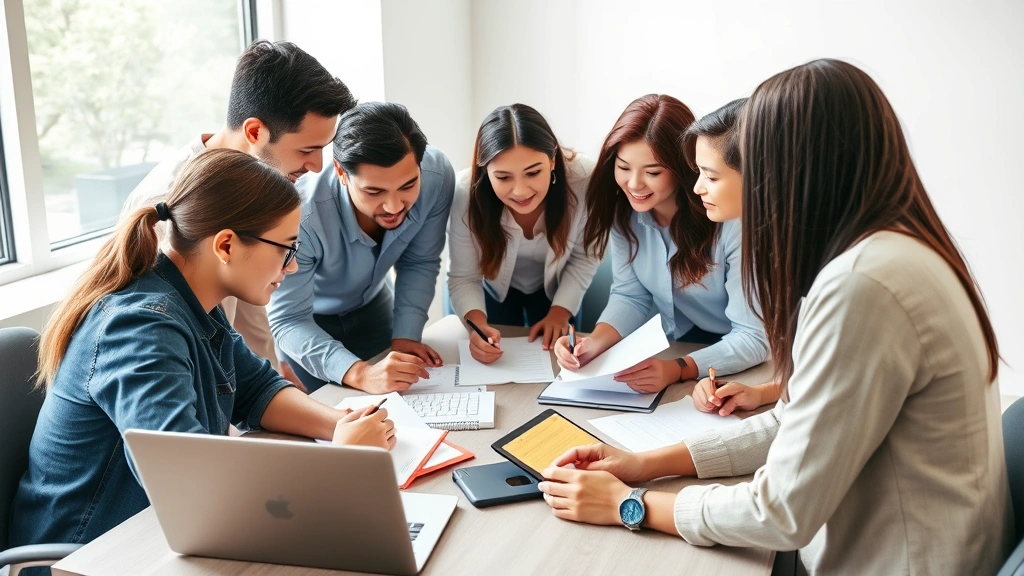 Diverse group collaborating on a project with laptops and notes, engaged discussion, professional growth setting, natural light