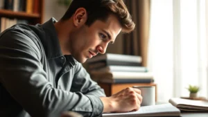 Person focused intently on learning at a desk with notebook and coffee, morning light through window, determined but calm expression
