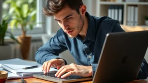Person intently focused on a laptop with notebooks and coffee nearby, natural daylight, hands on keyboard, mid-learning session, determined expression