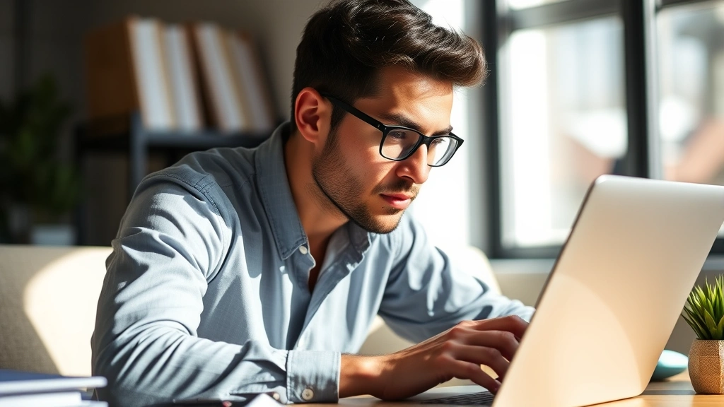 Person focused and concentrating while working on laptop at desk, natural lighting, determined expression, professional environment, growth mindset visible in posture