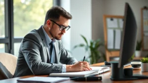 Professional adult focused intently on work at desk, notebook and pen visible, natural lighting from window, determined expression, real office or home workspace setting