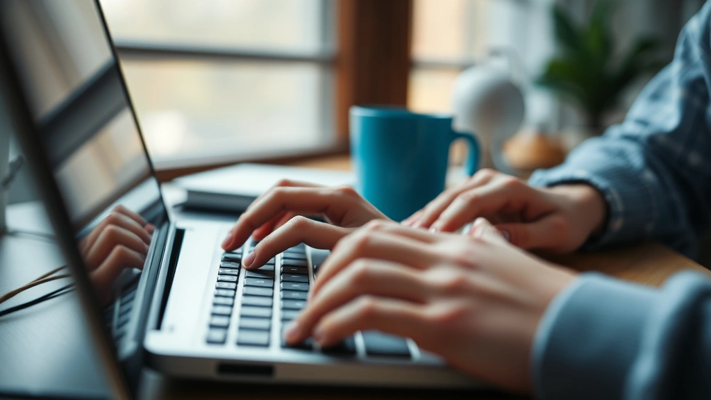 Close-up of hands typing on keyboard during focused work session, natural daylight through window, coffee cup nearby, concentration visible