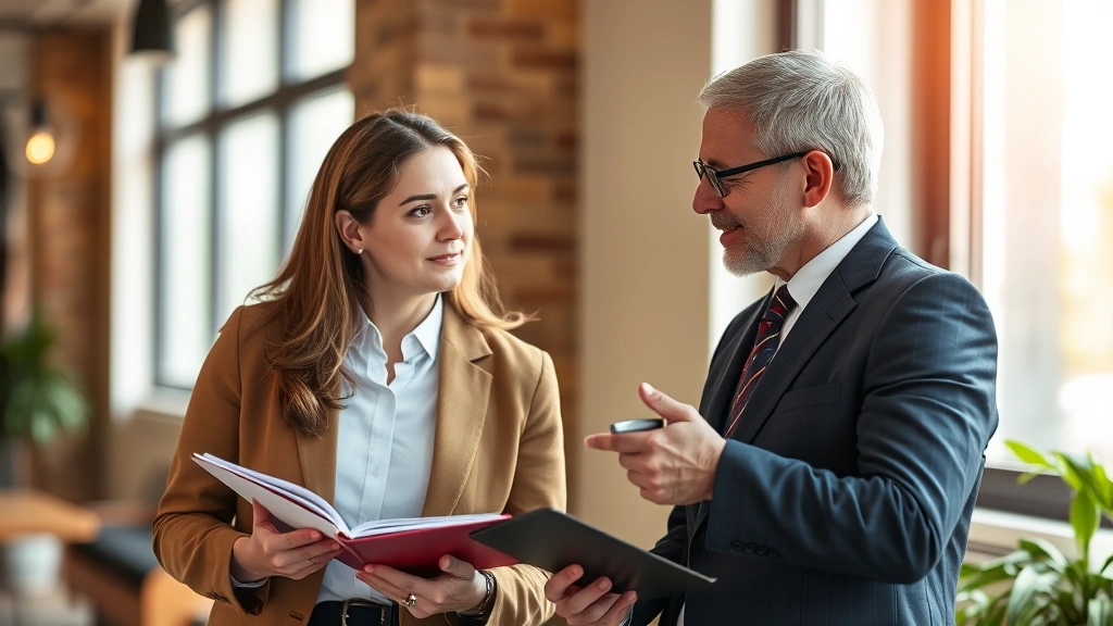 Two professionals having a genuine conversation with notebooks, one pointing and explaining something, warm lighting, mentorship moment, knowledge transfer happening