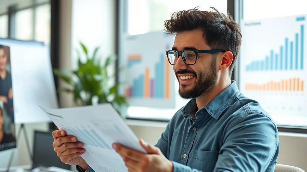 Person reviewing progress data on paper or screen, tracking improvement metrics, growth chart visible in background, satisfied determined expression, modern workspace