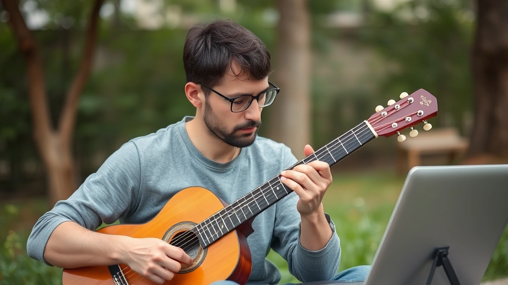 Adult practicing a new skill with full concentration—could be musical instrument, art, coding, or physical activity—showing effort and engagement, natural setting