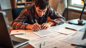 Person focused intensely at desk with papers and notes spread out, hands actively working on a project, warm lighting showing concentration and effort