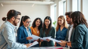 Group of diverse professionals collaborating and learning together in a bright, modern workspace with notes and materials visible, showing engaged discussion and knowledge sharing