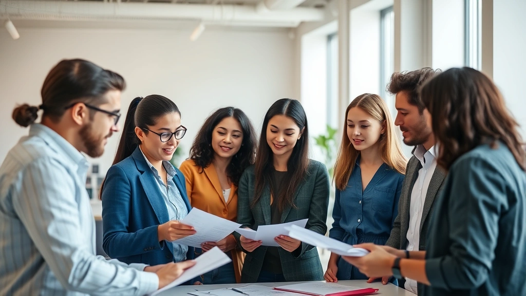 Group of diverse professionals collaborating and learning together in a bright, modern workspace with notes and materials visible, showing engaged discussion and knowledge sharing
