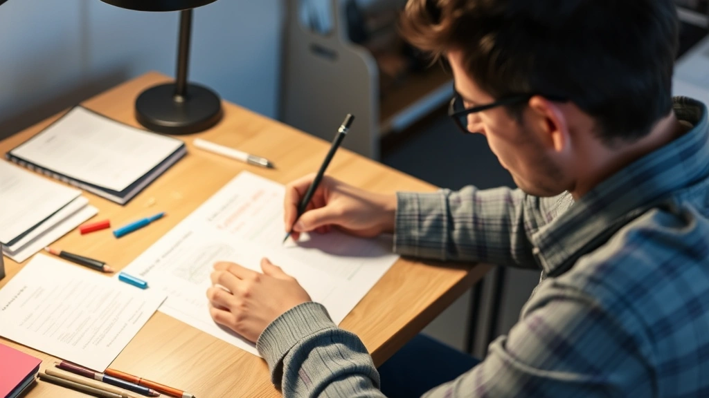 Person focused intently at a desk working on skill practice with visible progress notes, demonstrating deliberate practice and intentional improvement with materials around them