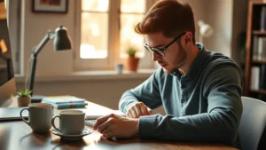 Person focused intently at desk with notebook and coffee, warm lighting, morning study session, natural window light, growth-focused atmosphere