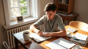 Person at wooden desk with notebook and coffee, studying intently, morning sunlight streaming through window, focused but relaxed posture, learning materials scattered naturally