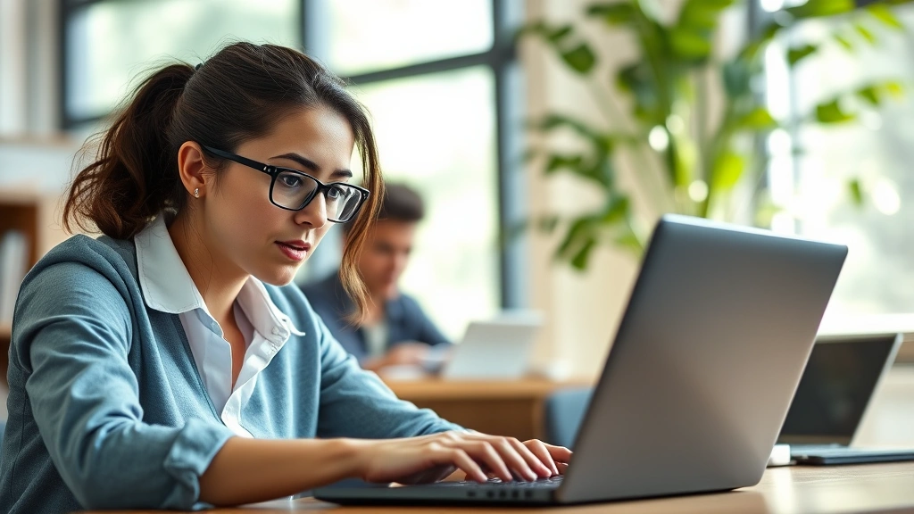 Professional woman intensely focused on laptop during skill training session, natural lighting, determined expression, learning environment