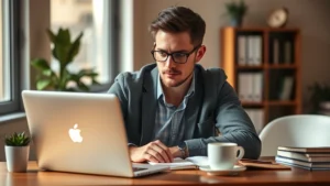 Professional adult focused intently at desk with laptop, notebook, and coffee, warm natural lighting, mid-morning workspace, genuine concentration expression