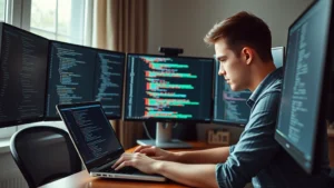 Person at a laptop intensely focused on coding with multiple monitors, natural lighting from window, showing concentration and engagement in technical work