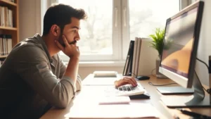 Person at desk intensely focused on learning, hands on keyboard, morning light through window, growth mindset expression, real concentration
