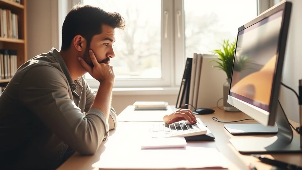 Person at desk intensely focused on learning, hands on keyboard, morning light through window, growth mindset expression, real concentration