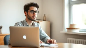 Person sitting at desk with laptop, looking thoughtful and determined, natural lighting from window, notebook and pen visible, professional casual setting, warm and encouraging atmosphere