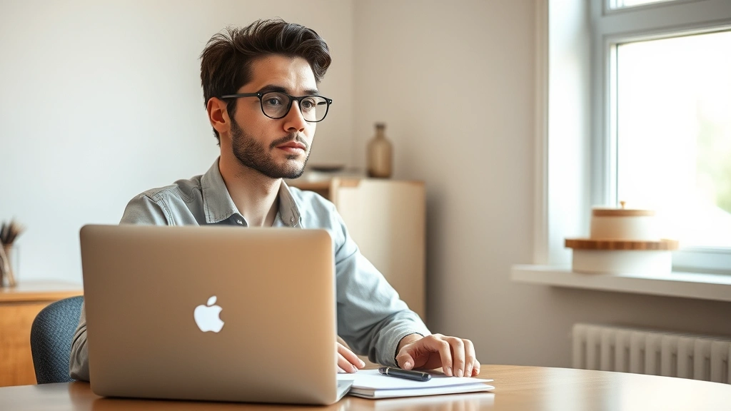 Person sitting at desk with laptop, looking thoughtful and determined, natural lighting from window, notebook and pen visible, professional casual setting, warm and encouraging atmosphere