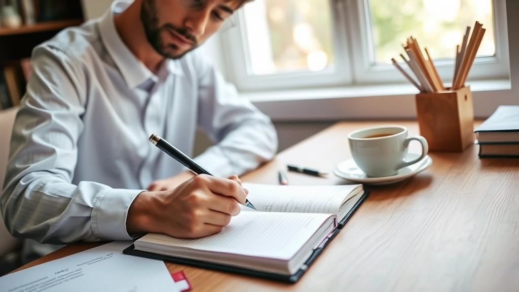 Person writing in a notebook while studying at a wooden desk with coffee, natural window light, focused expression, professional but relaxed environment