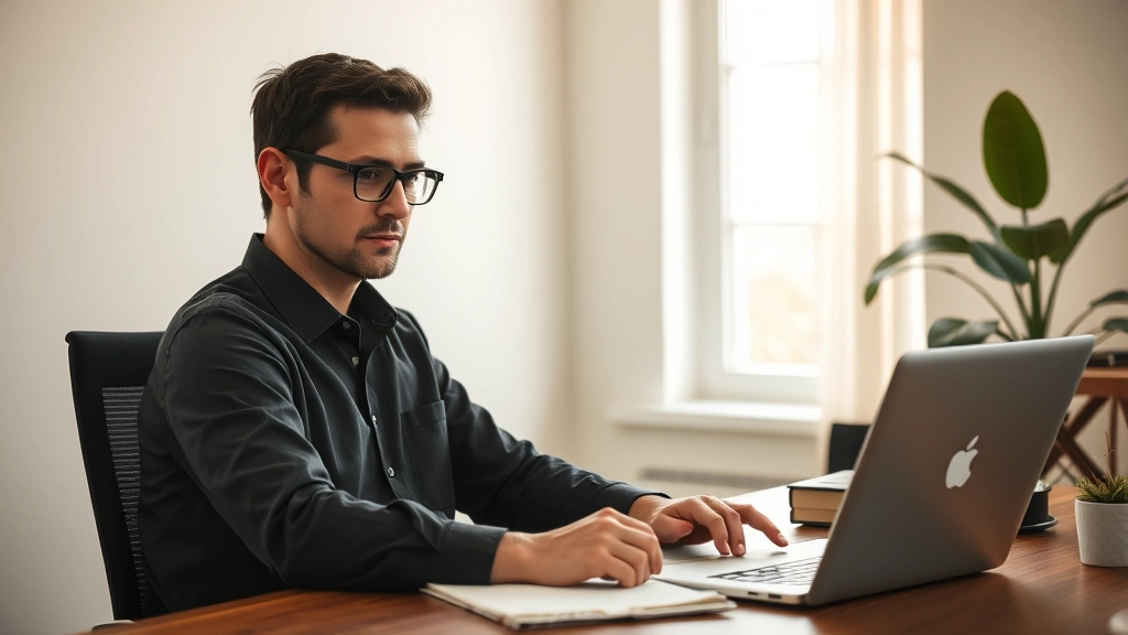 Person sitting at desk with notebook and laptop, focused expression, warm natural light from window, professional but casual setting, growth mindset atmosphere