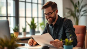 Person at desk reviewing notes with satisfied expression, warm lighting, plants in background, professional casual setting showing quiet confidence and reflection