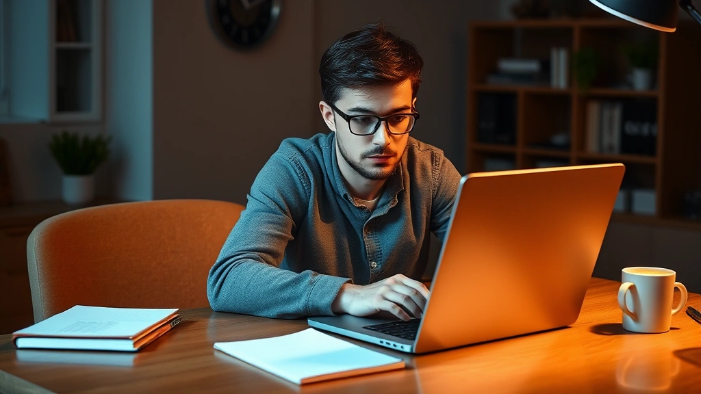 A person sitting at a desk focused on a laptop, warm lighting, notebook and coffee nearby, concentrated expression showing active learning engagement