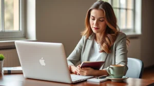 Professional woman at desk with notebook and coffee, looking focused and determined while studying new material on laptop, natural window light, warm and encouraging atmosphere