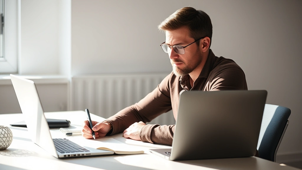 Professional adult focused on learning at desk with notebook and laptop, natural lighting, engaged expression, minimal workspace setup
