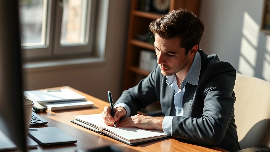 Person focused intently at desk, writing in notebook with coffee nearby, natural window light, expression of concentration and progress, warm professional setting