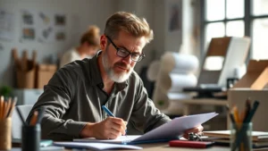 Adult professional in focused concentration practicing a skill at desk with notebook and materials, natural lighting, determined expression, real workplace setting